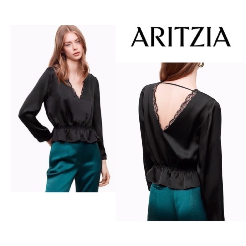 Aritzia Little Moon Silk Lace Trim Blouse – Black XS
